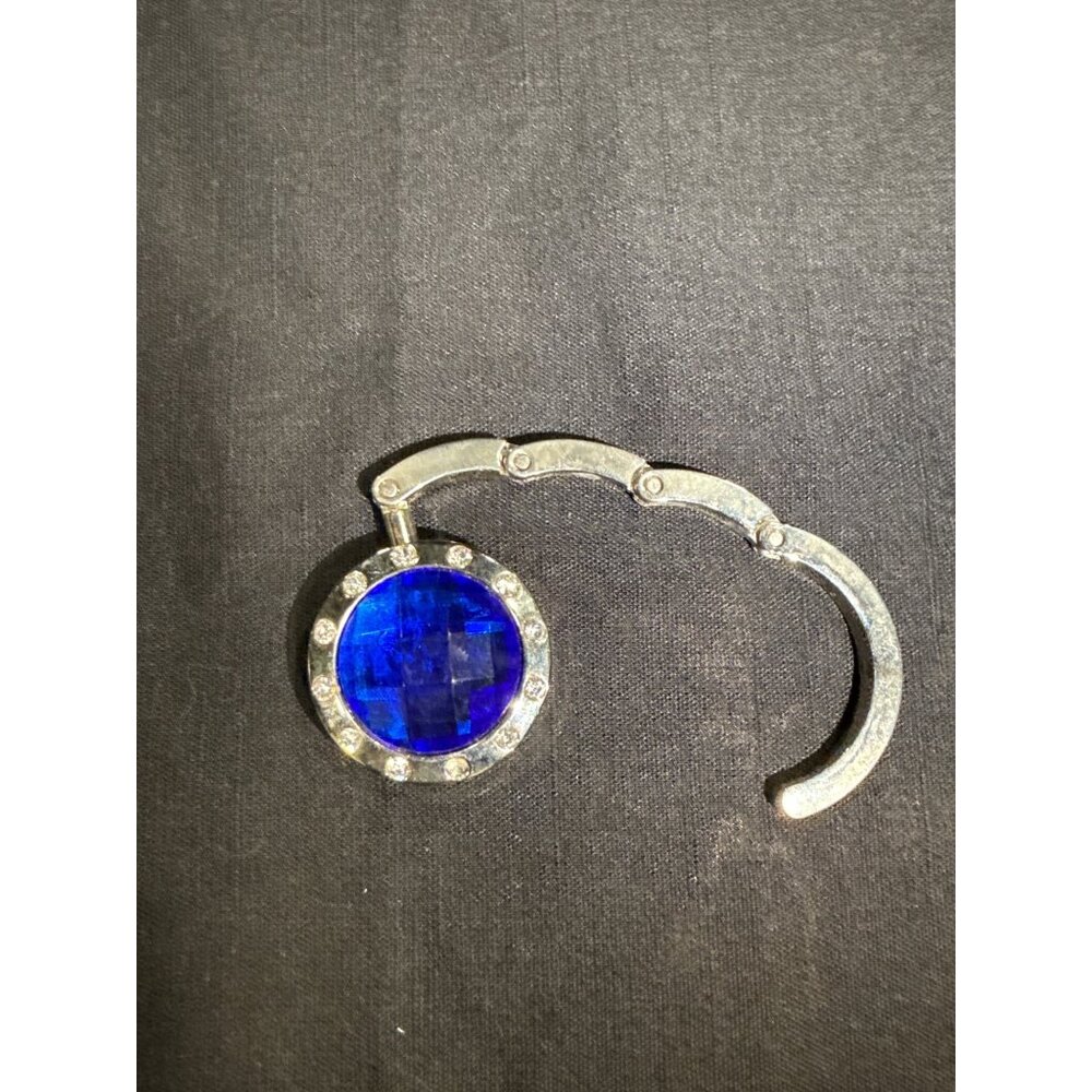 Silver Foldable Purse Hook With Blue Gem & Rhinestones